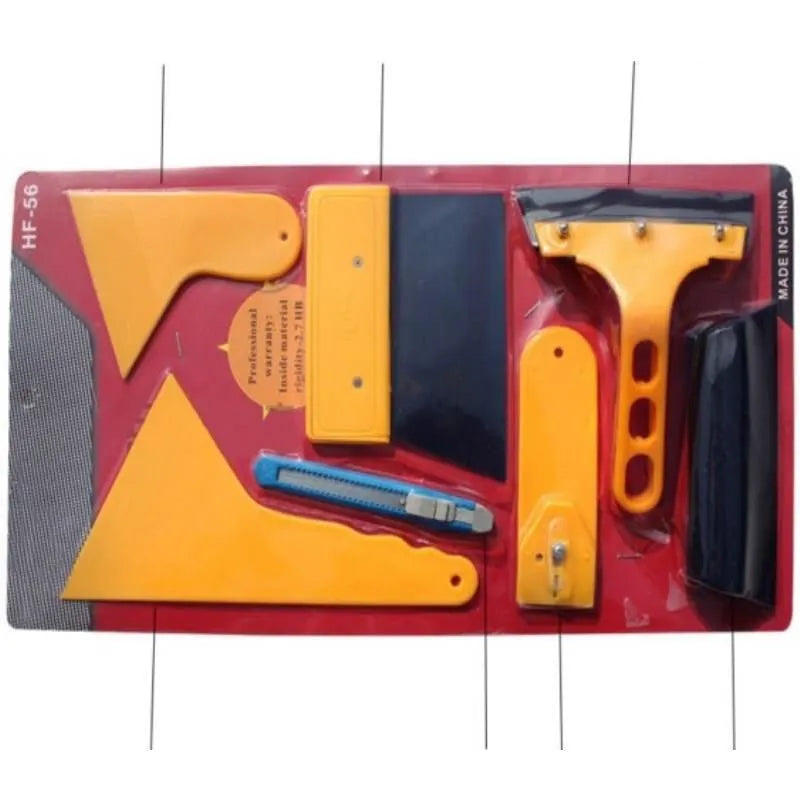 Seven-piece car foil tool set showing scrapers, knives, and a pressing block for film installation.