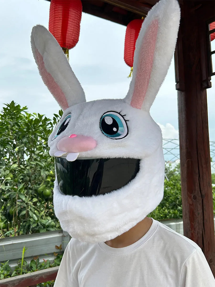 Long Eared Rabbit White plush helmet cover with decorative rabbit head design for electric motorcycles