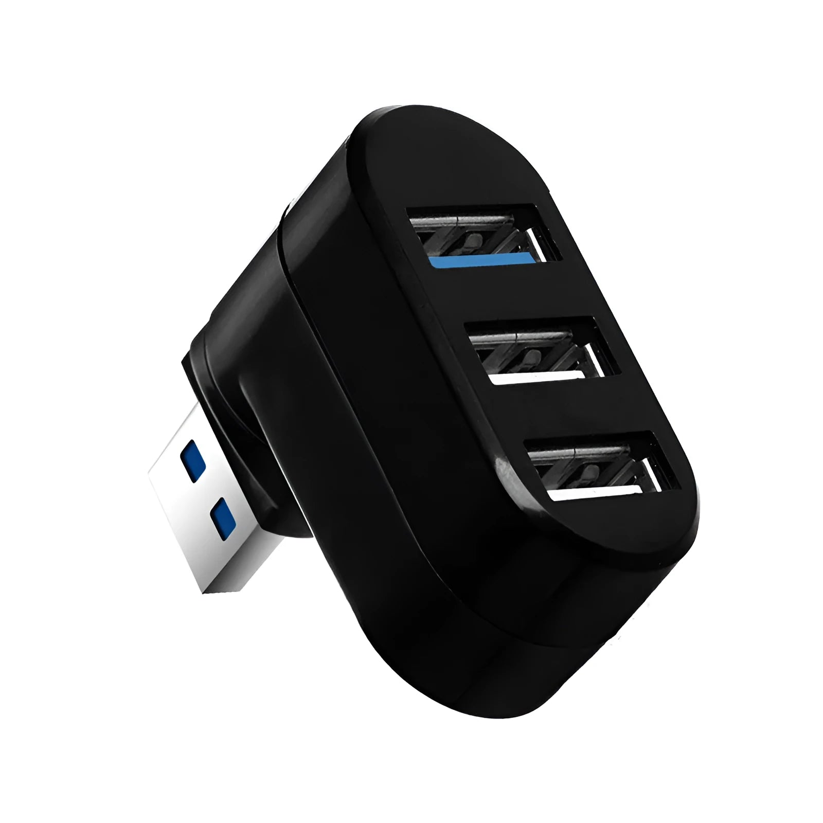Black and white USB rotary splitter hub with four ports on a rotating body.