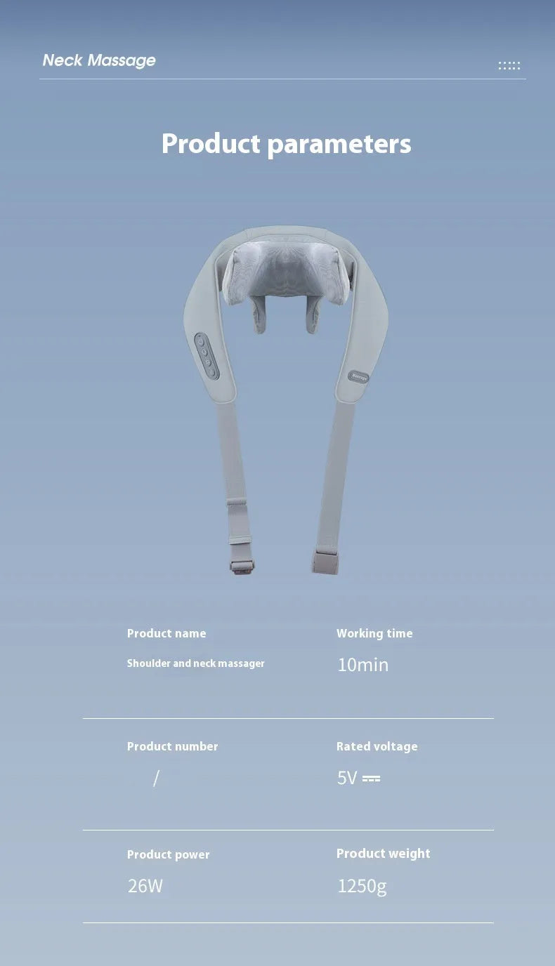 Grey elastic fabric neck massager with USB charging cable showing infrared physiotherapy function
