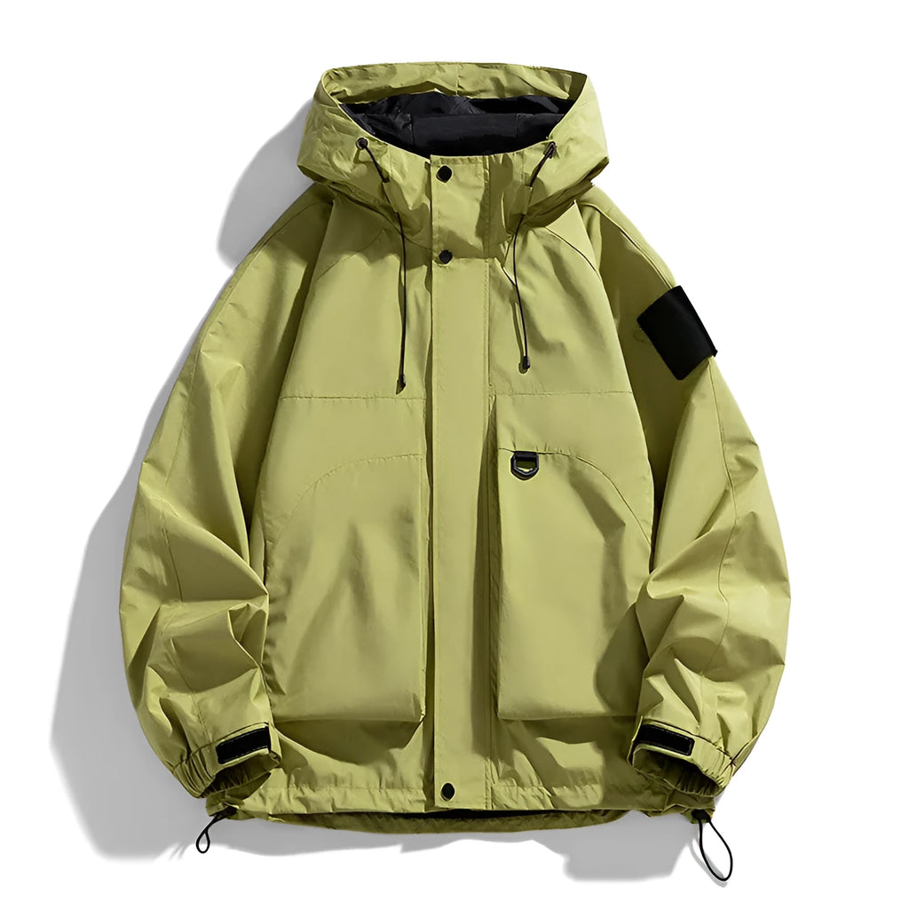 Men's black waterproof hooded jacket with long sleeves on a hanger.
