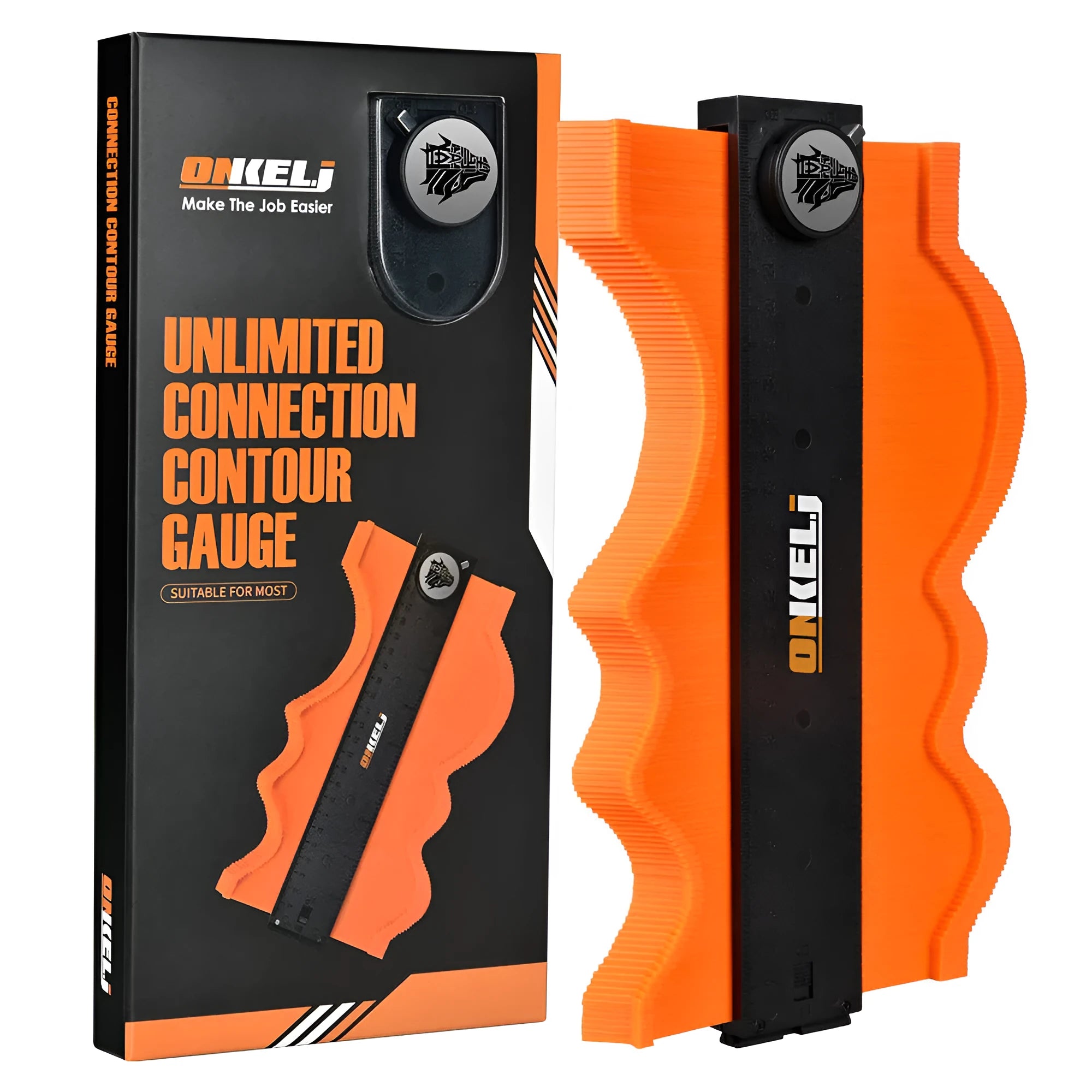 10-inch contour profile gauge with infinite stitching and lock, made of black ABS plastic and stainless steel pins.