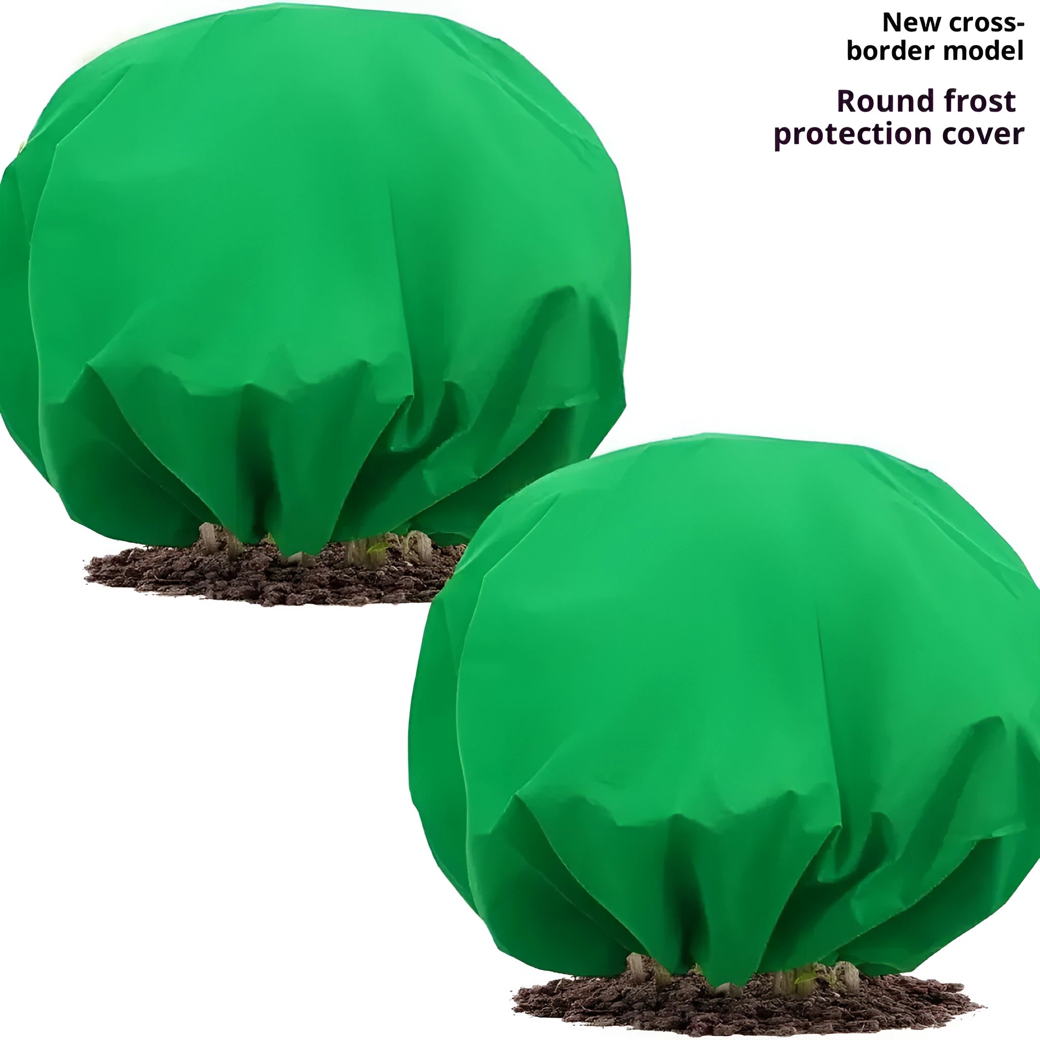 Round green non-woven plant frost cover with drawstring resting on grass, showing 1.9m diameter size