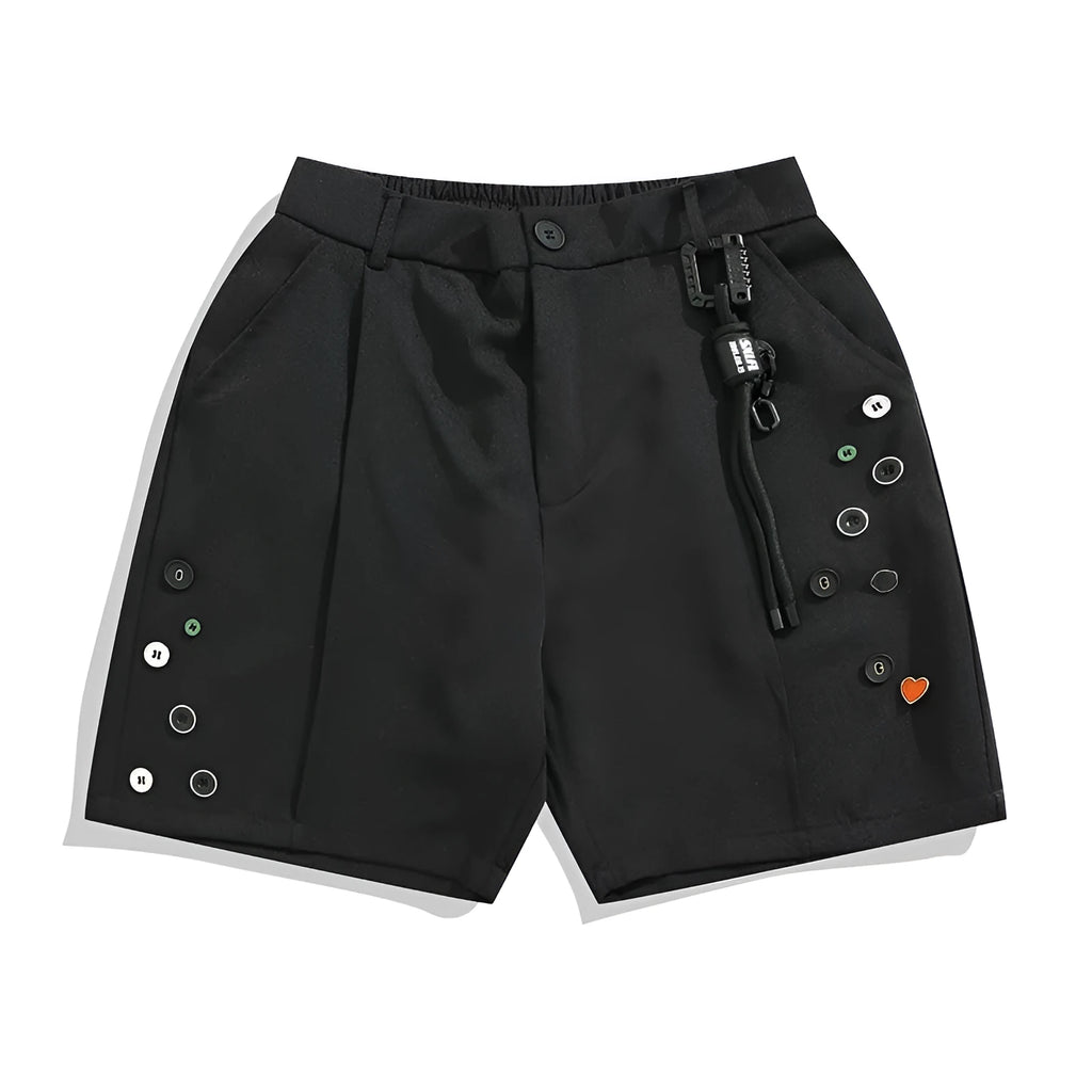Men's black loose semi-elastic straight-leg shorts with mid waist and zipper fly