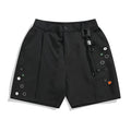 Men's black loose semi-elastic straight-leg shorts with mid waist and zipper fly