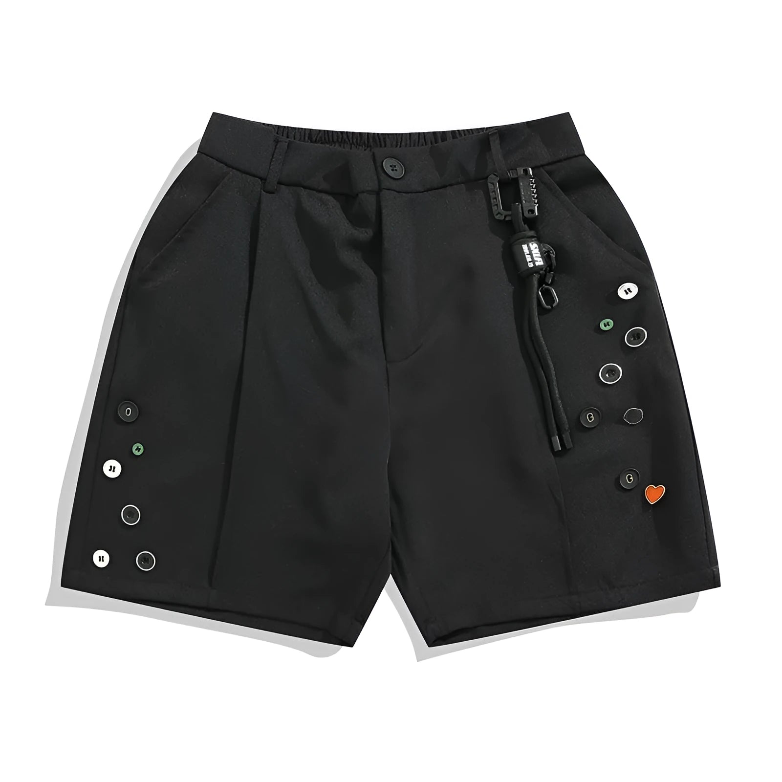 Men's black loose semi-elastic straight-leg shorts with mid waist and zipper fly