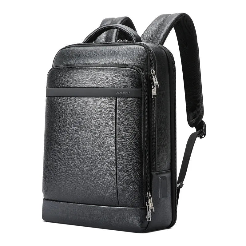 Black leather business backpack with USB charging port and curved shoulder straps