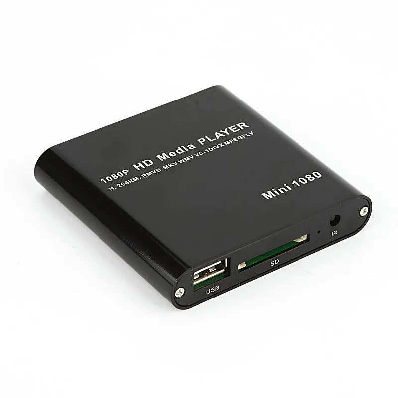 Compact black or blue 1080P Full HD media player with HDMI port for SD cards and USB drives