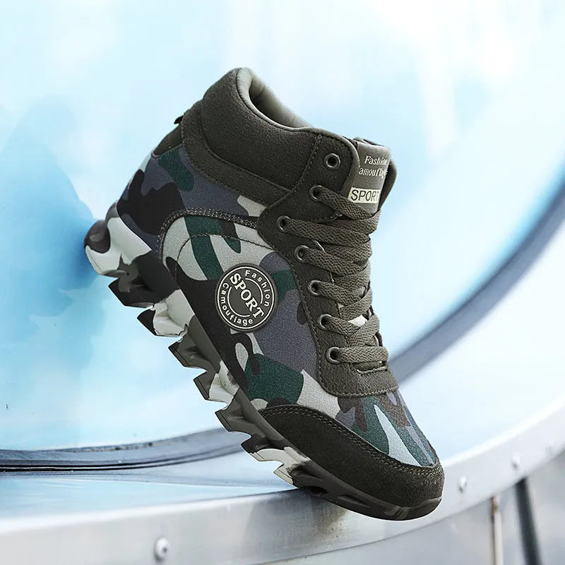 Green camouflage pattern women's canvas sneakers with a white rubber sole.