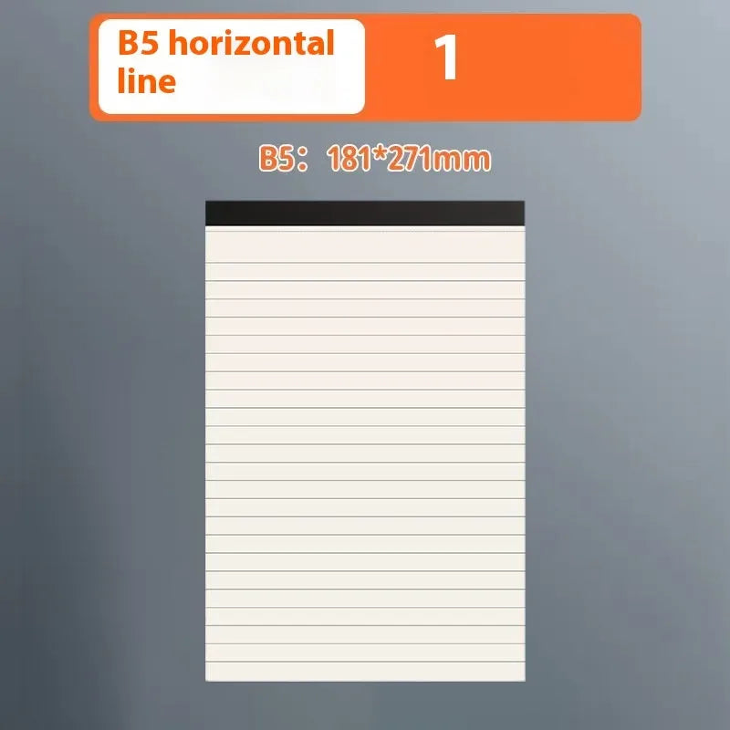 A5 and B5 tearable writing pads showing blank, grid, and horizontal line page styles.
