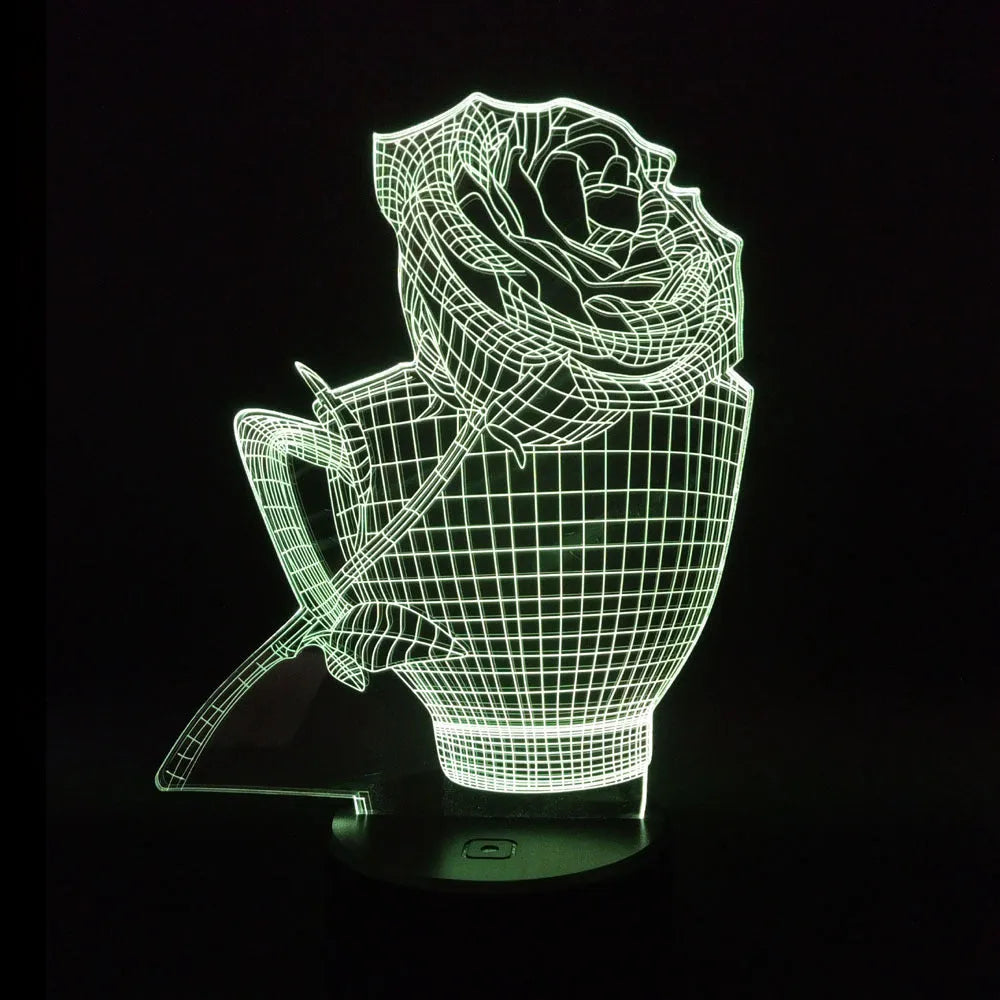 3D rose shaped LED night light with acrylic design and remote control showing multiple colour options
