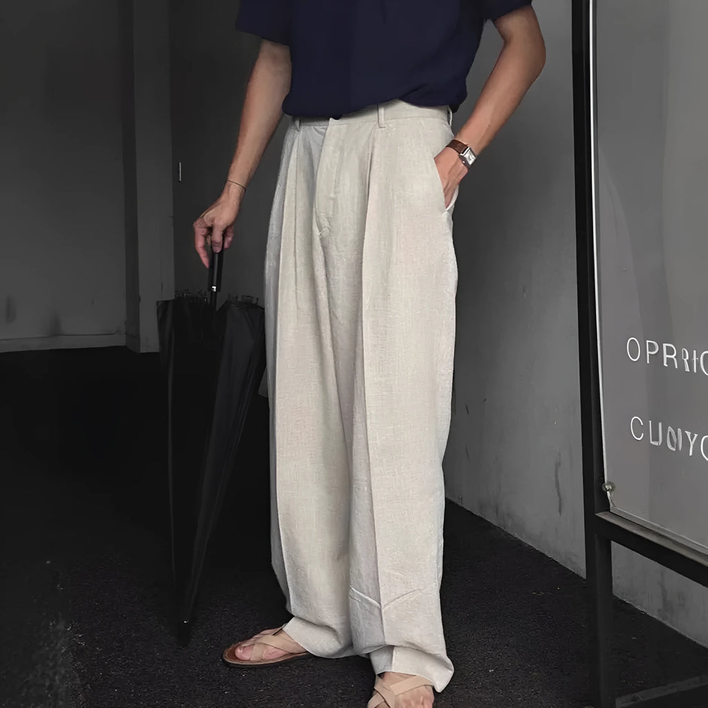 Men's wide-leg cotton linen trousers in apricot colour with micro-elastic waistband