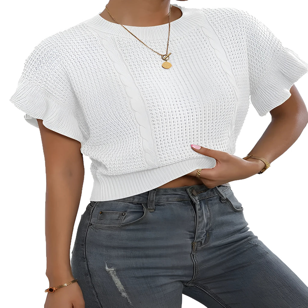 Knitted pullover sweater with ruffled short sleeves in Japanese Korean casual style