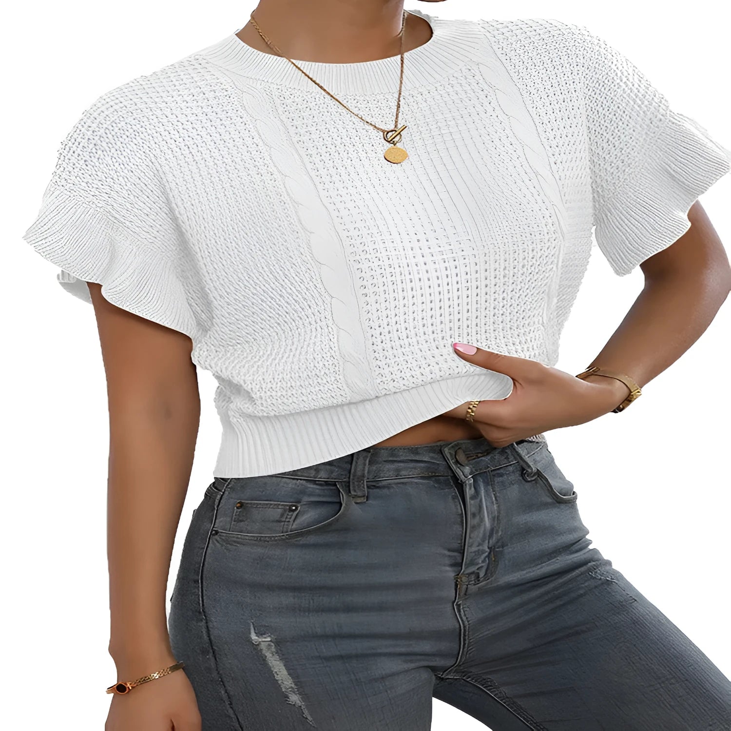 Knitted pullover sweater with ruffled short sleeves in Japanese Korean casual style