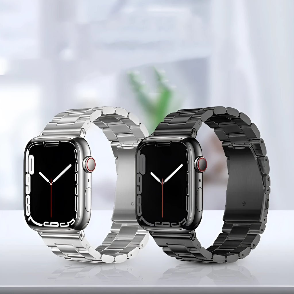 Three stainless steel metal watch bands for iWatch models 38/40/41mm and 42/44/45mm in five colours