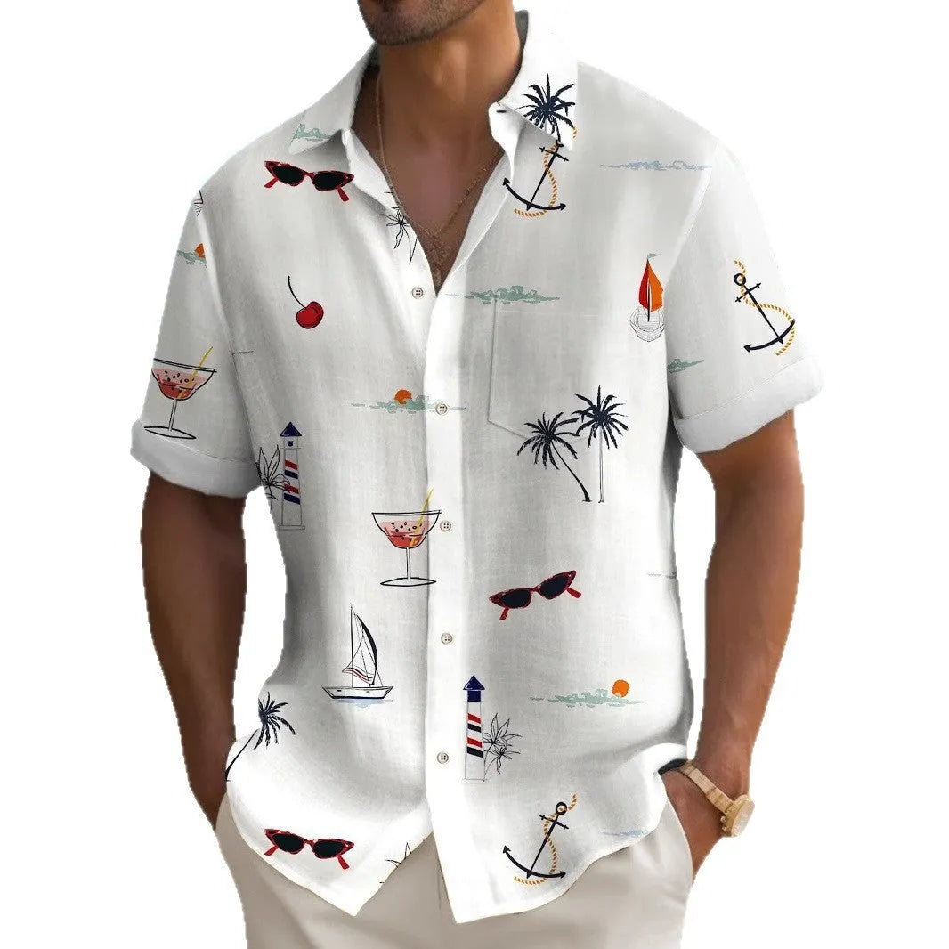 Men's loose fit Hawaiian patterned shirt with digital printing short sleeves