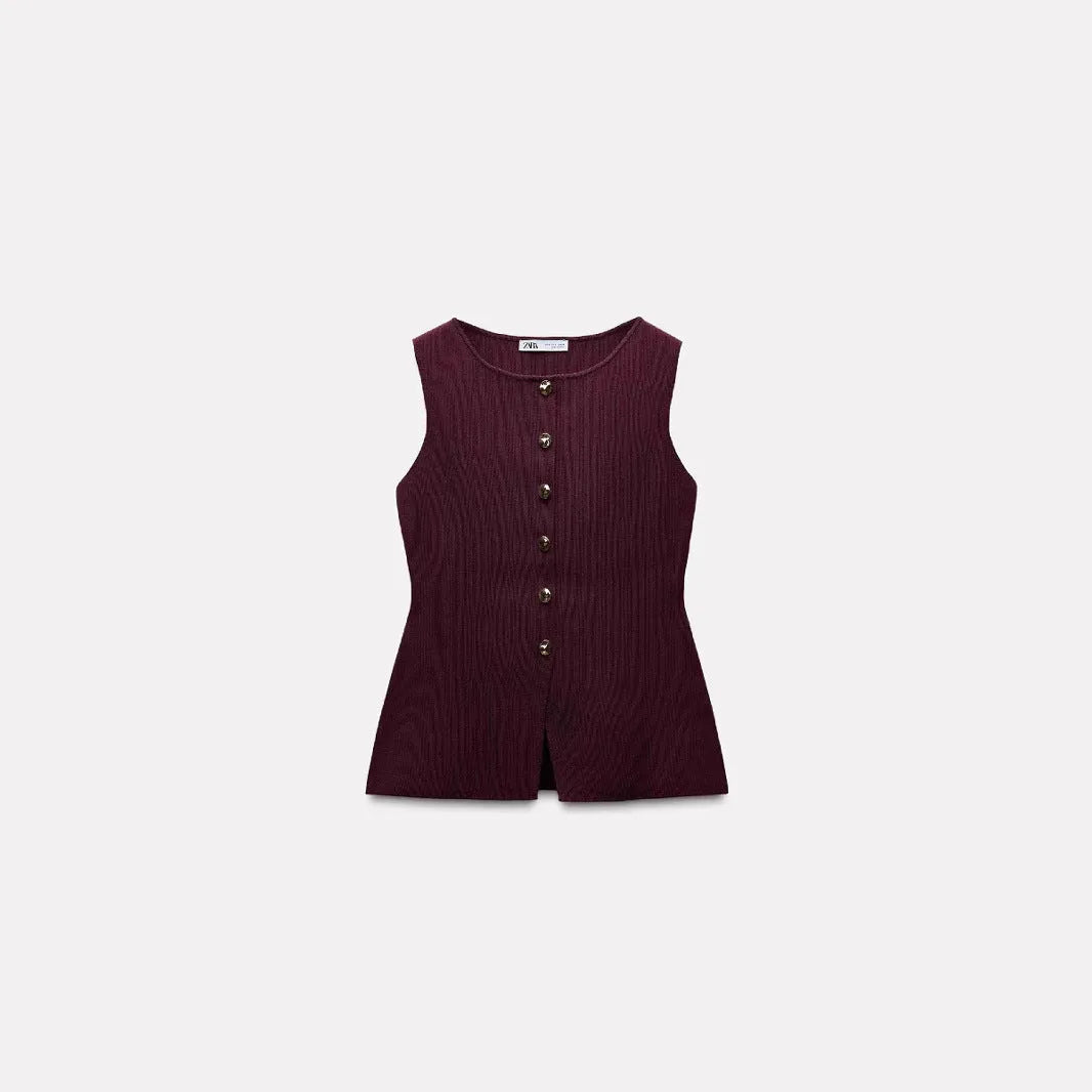 Women's dark red viscose fibre sleeveless cardigan vest with 3D pattern detailing and slim fit silhouette