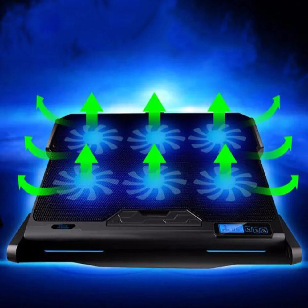 Metal mesh laptop cooling board measuring 375x285x24mm with USB cable and six-speed control display