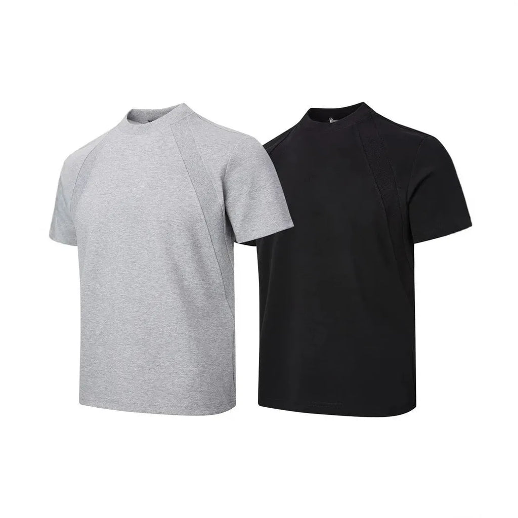 Man's loose grey short sleeve top with textured air layer stitching on the fabric