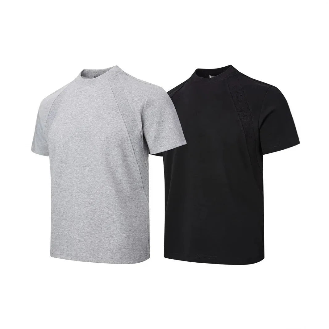 Man's loose grey short sleeve top with textured air layer stitching on the fabric