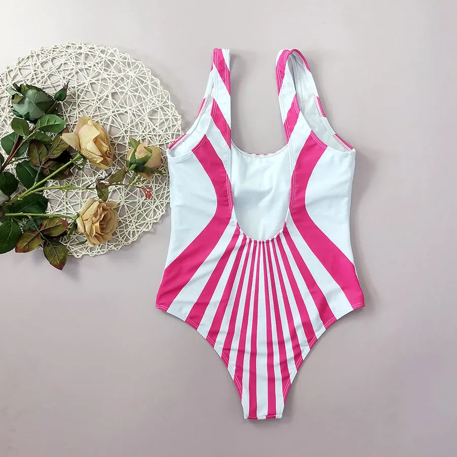 Women's pink striped one-piece swimsuit with digital printing front and back.