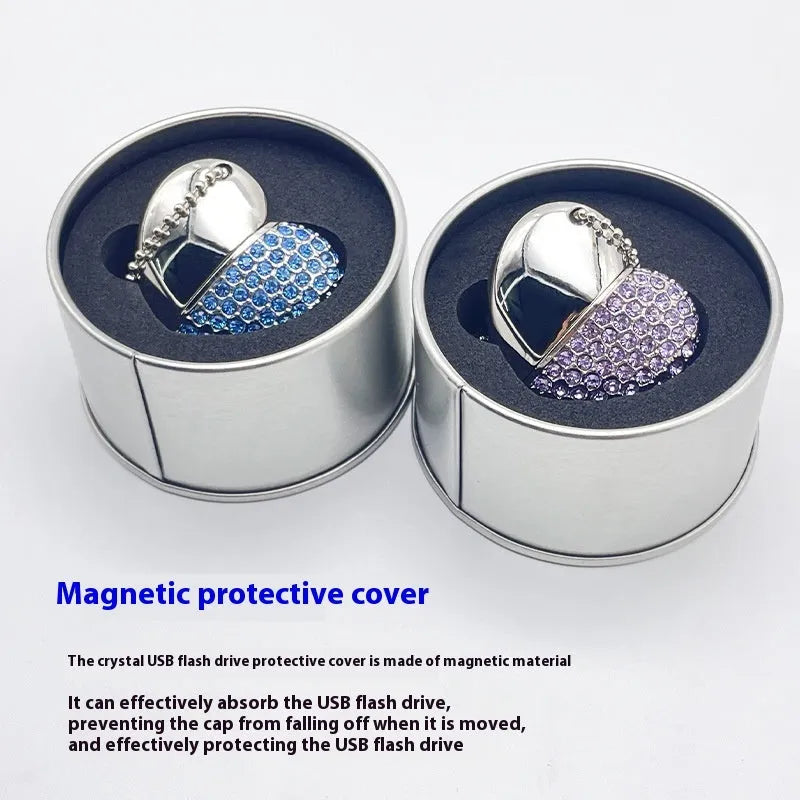 Heart-shaped metal USB flash drive with a brick pattern, showing colour options and USB connector.