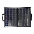 Black 40W monocrystalline solar panel folded inside its portable bag.