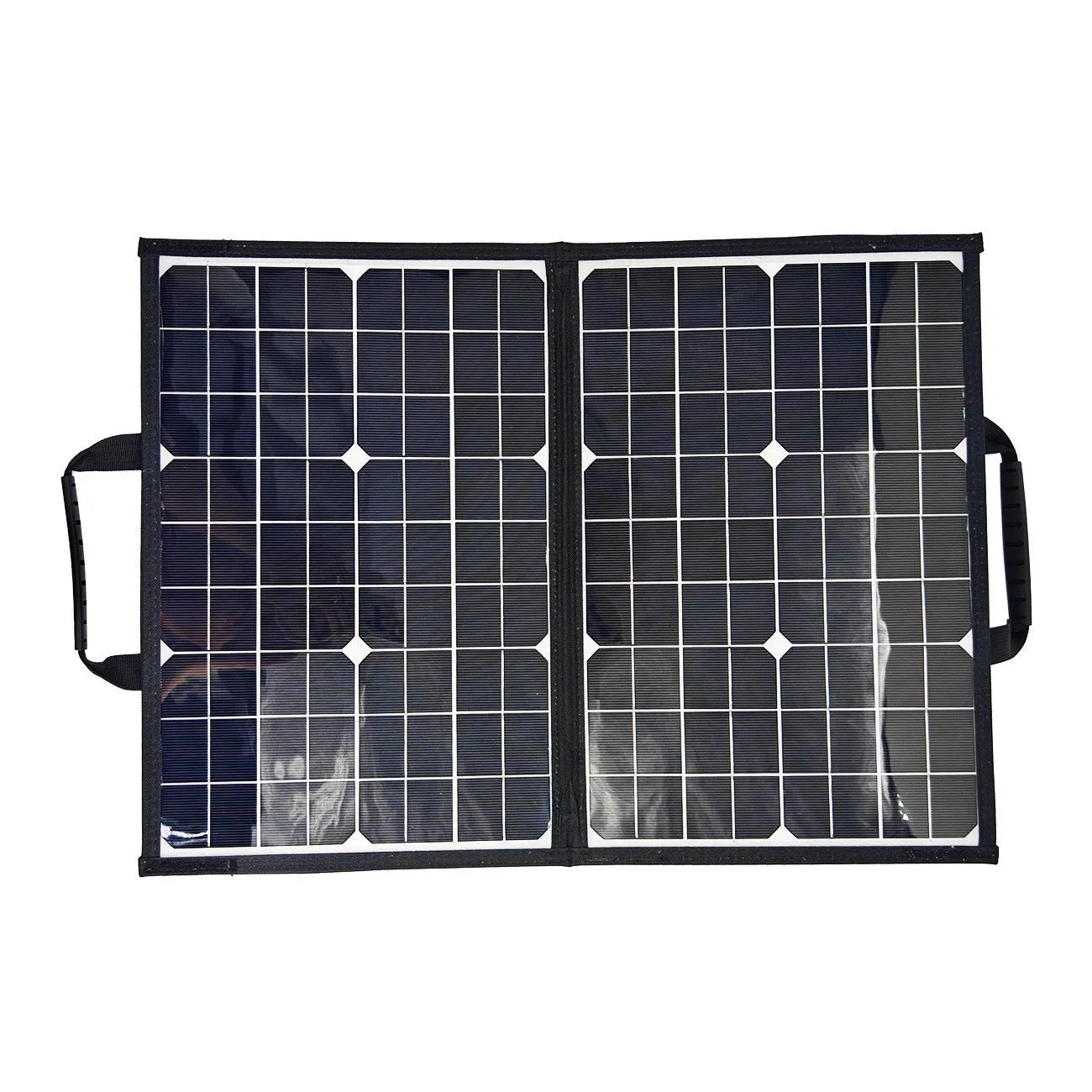 Black 40W monocrystalline solar panel folded inside its portable bag.