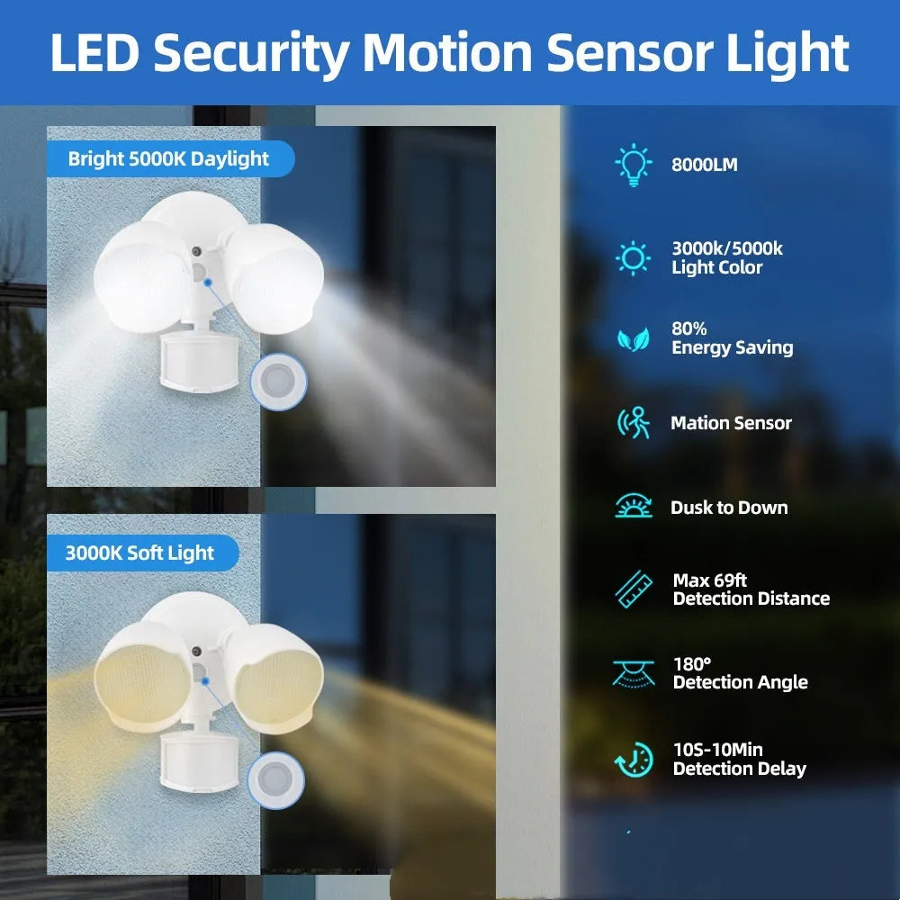 White LED security flood light with motion sensor for outdoor courtyard or garage installation