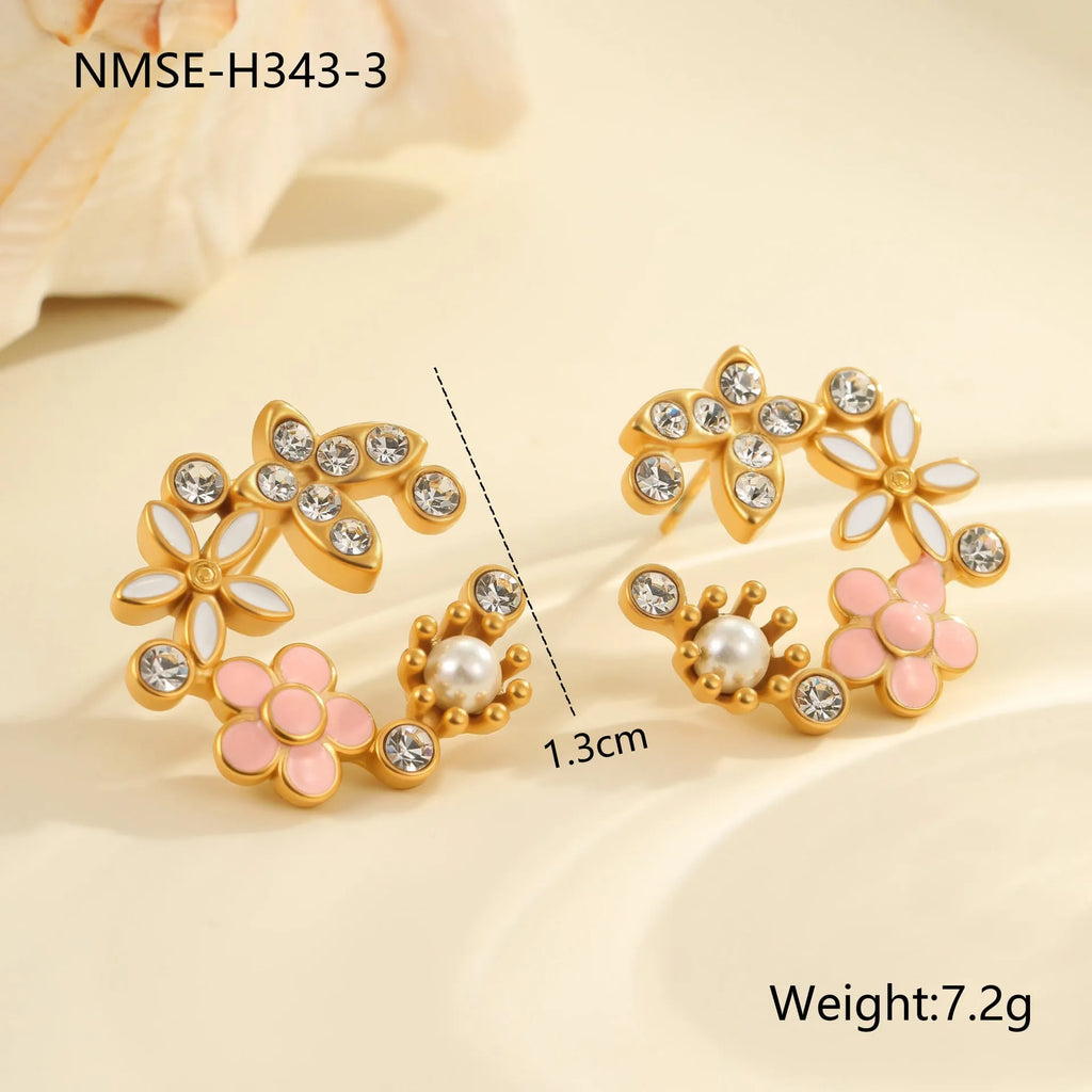 Stainless steel flower stud earrings with 18K gold electroplating and colourful petal design
