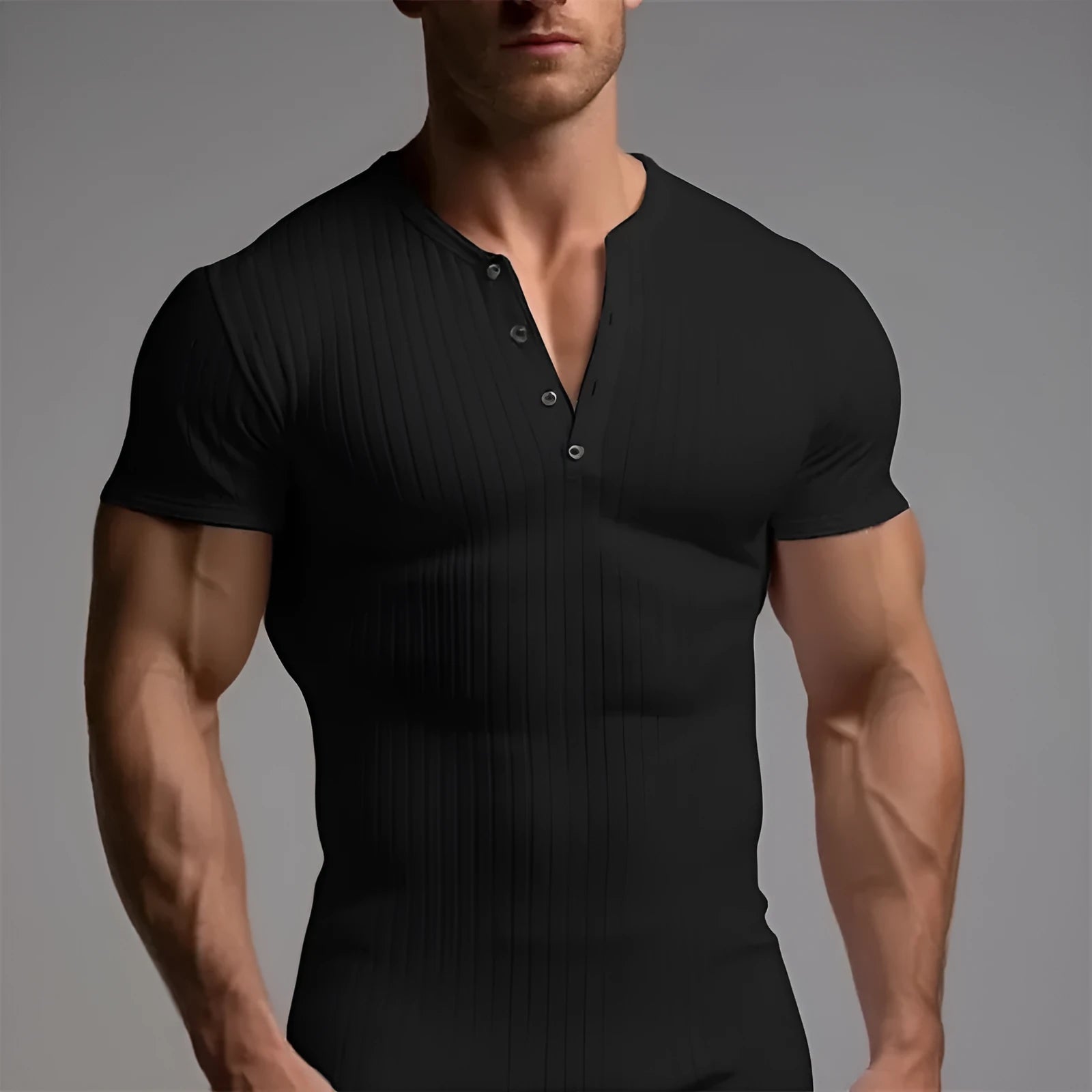 Men's slim-fitting sports muscle t-shirt in polyester fabric showing solid colour design