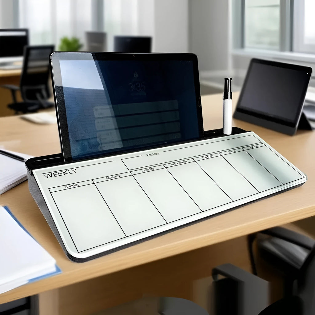 Table top glass whiteboard 18x40cm in black with marker on desk