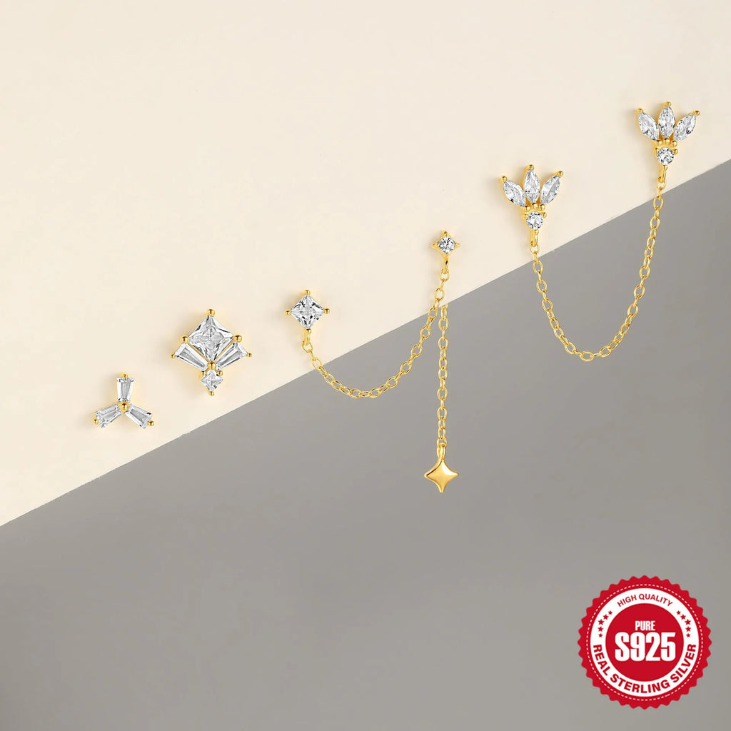 Golden geometric sterling silver stud earrings with zircon inlay, showing clover, crown, chain, and double piercing designs.