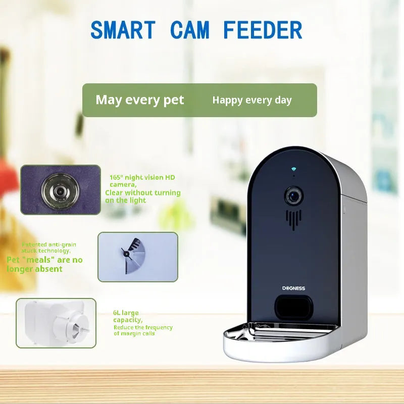 Smart automatic pet feeder with digital display in a two-tone colour option on a kitchen counter.