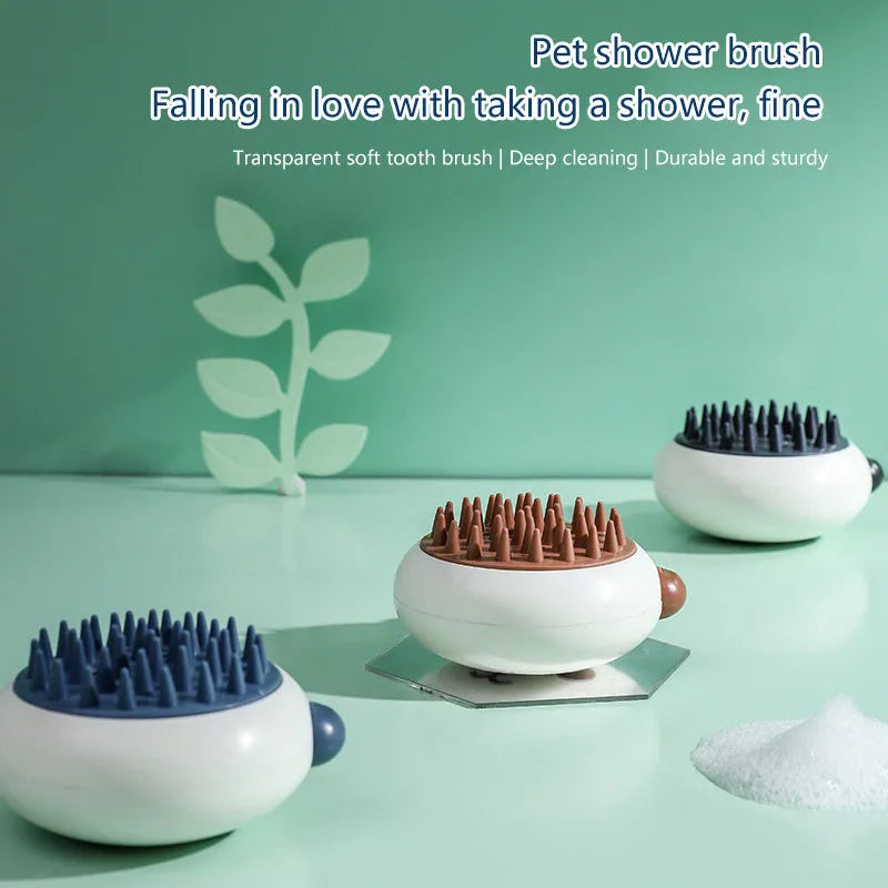 Panda-shaped silicone pet shower brush for dogs and cats in assorted colours.