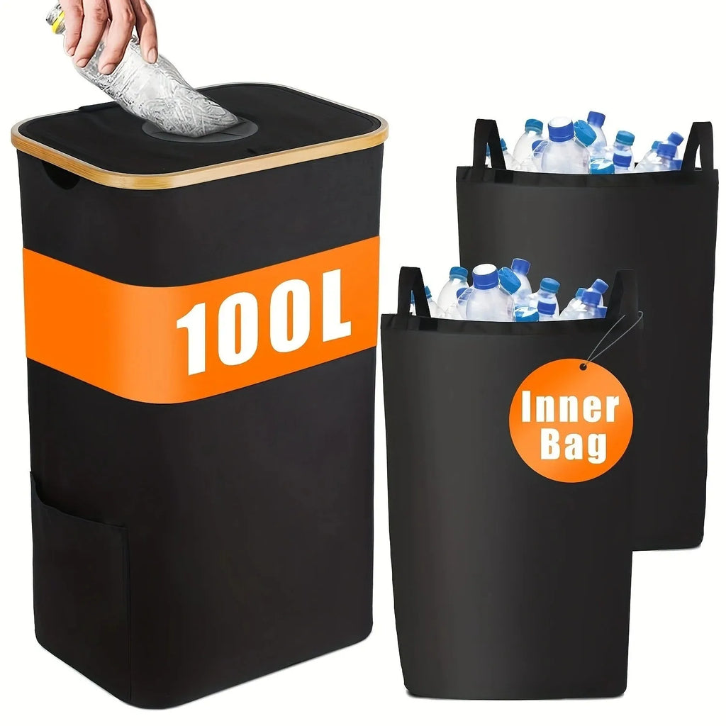 Black bamboo storage basket with lid and removable double inner Oxford cloth bag for laundry