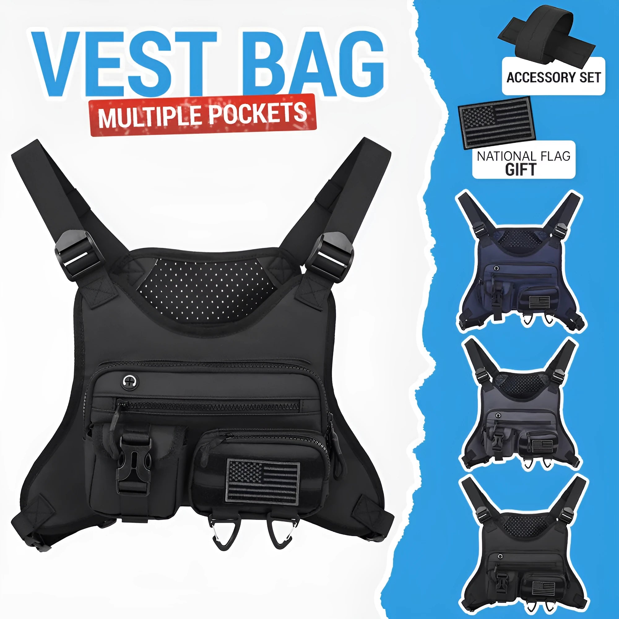 Oxford cloth chest bag for outdoor sports and riding in black, grey, and blue colour options