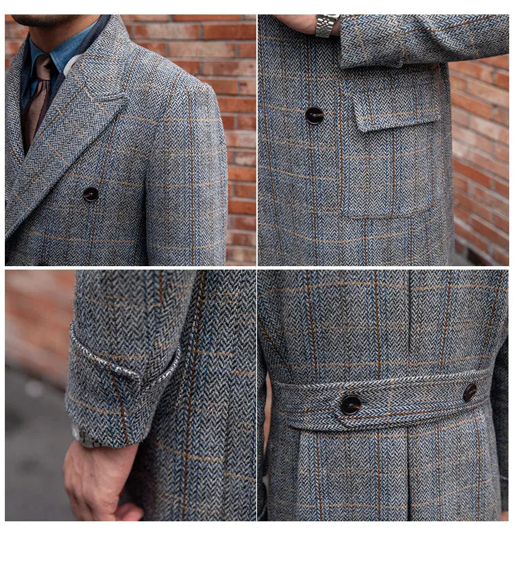 Grey wool plaid polo coat with notched lapel, single-breasted front, long sleeves, front view