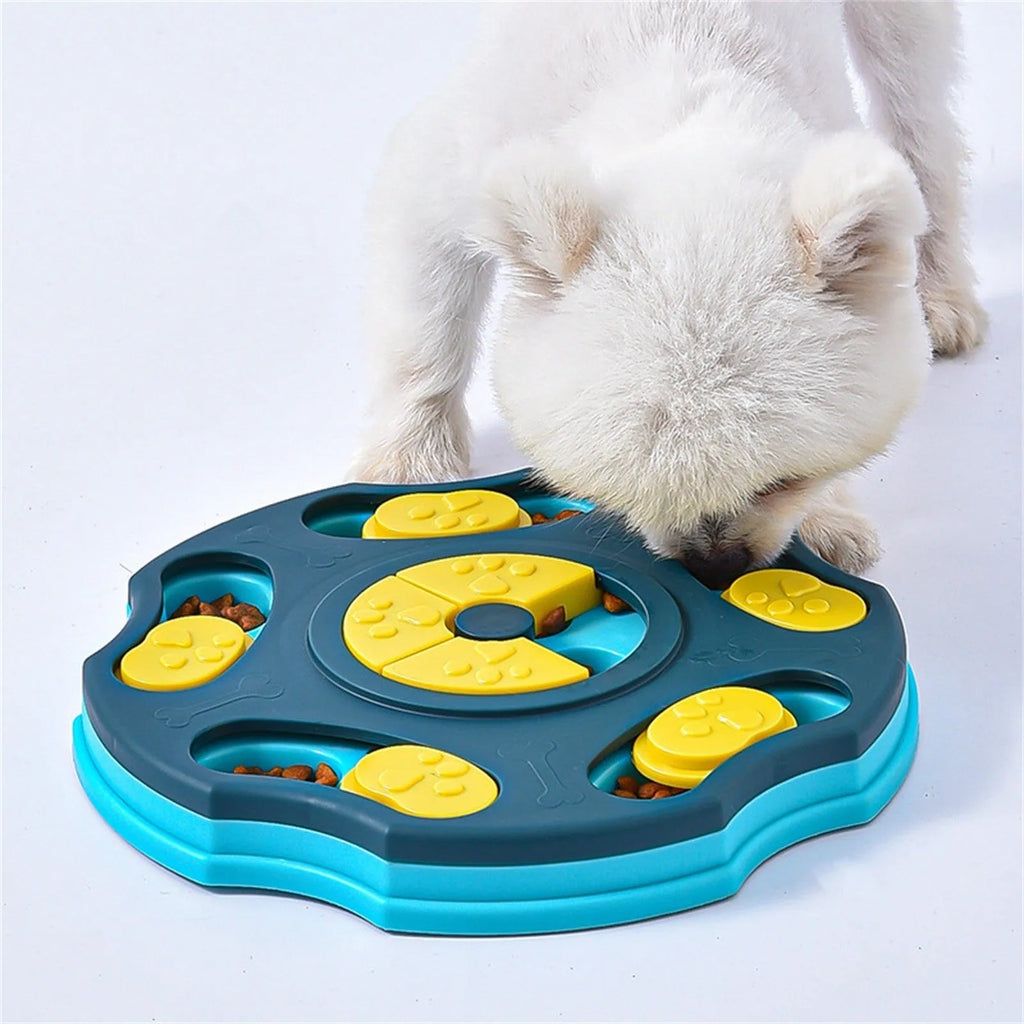 Blue dog puzzle feeder toy for aggressive chewers with interactive food-dispensing mechanism
