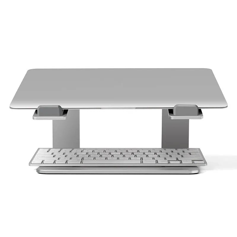 Aluminium laptop stand in black colour showing 29.9cm width and 18.5cm height dimensions