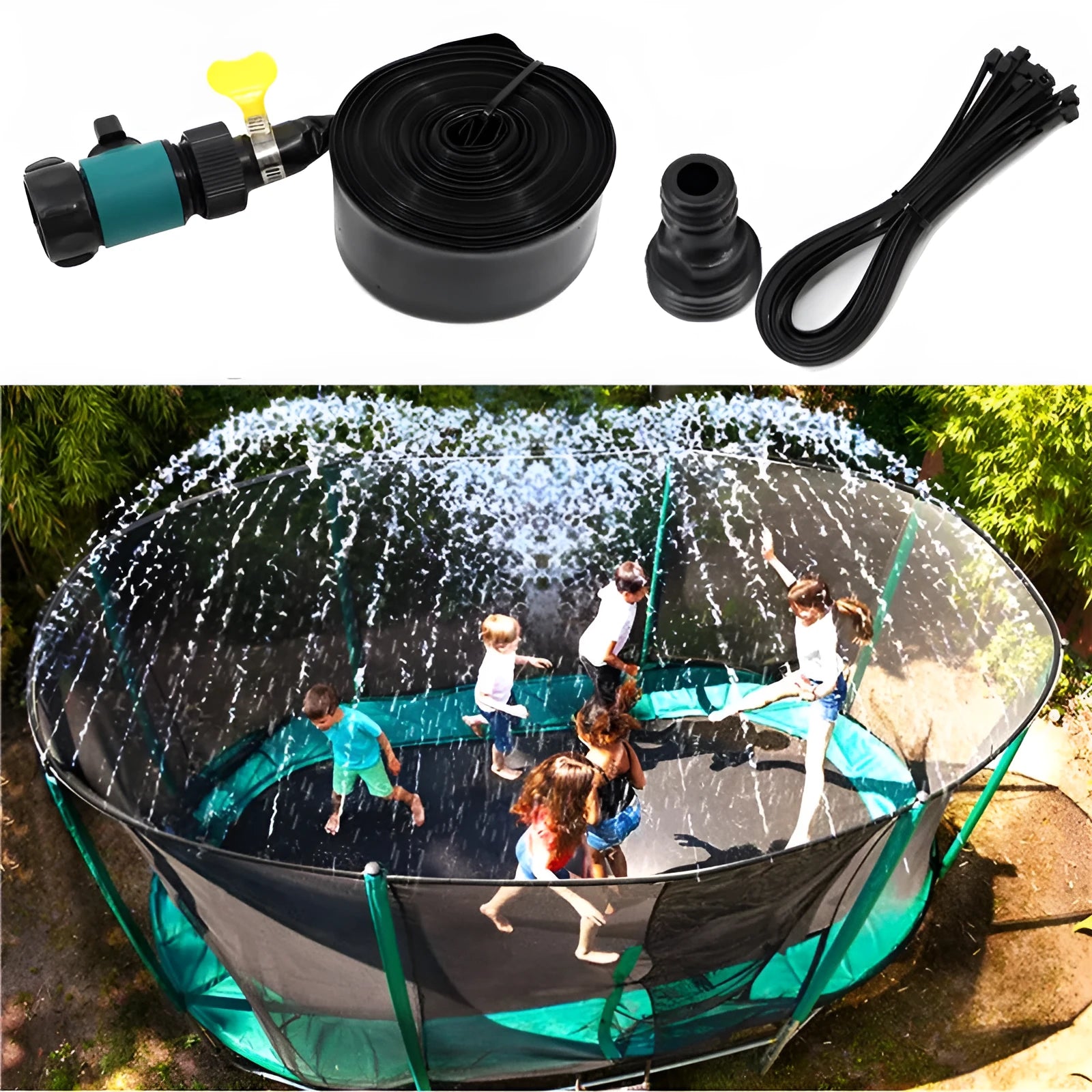 Blue portable PVC garden sprinkler with solar water cooling panel and adjustable length hose