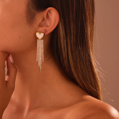 Pair of 18K gold plated stainless steel earrings featuring heart and star shapes with diamond tassels