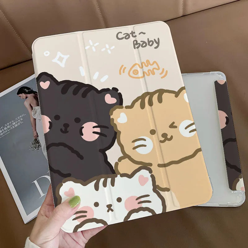 Silicone tri-fold iPad protective case with rabbit cartoon design, shown in stand mode.
