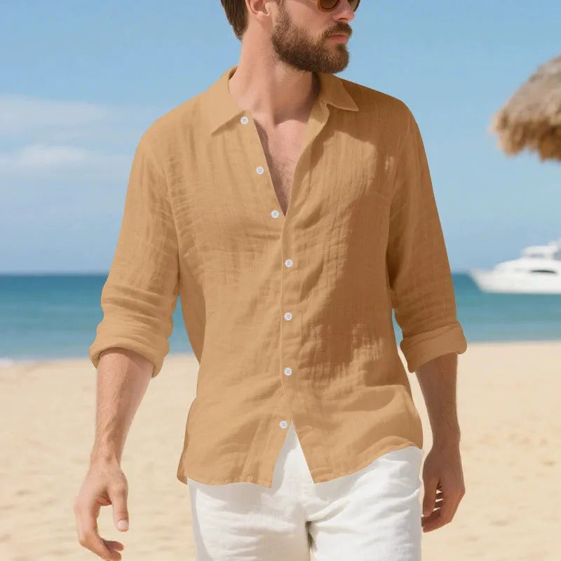 Men's loose-fit linen casual shirt in Army Green colour, showing non-ironing style
