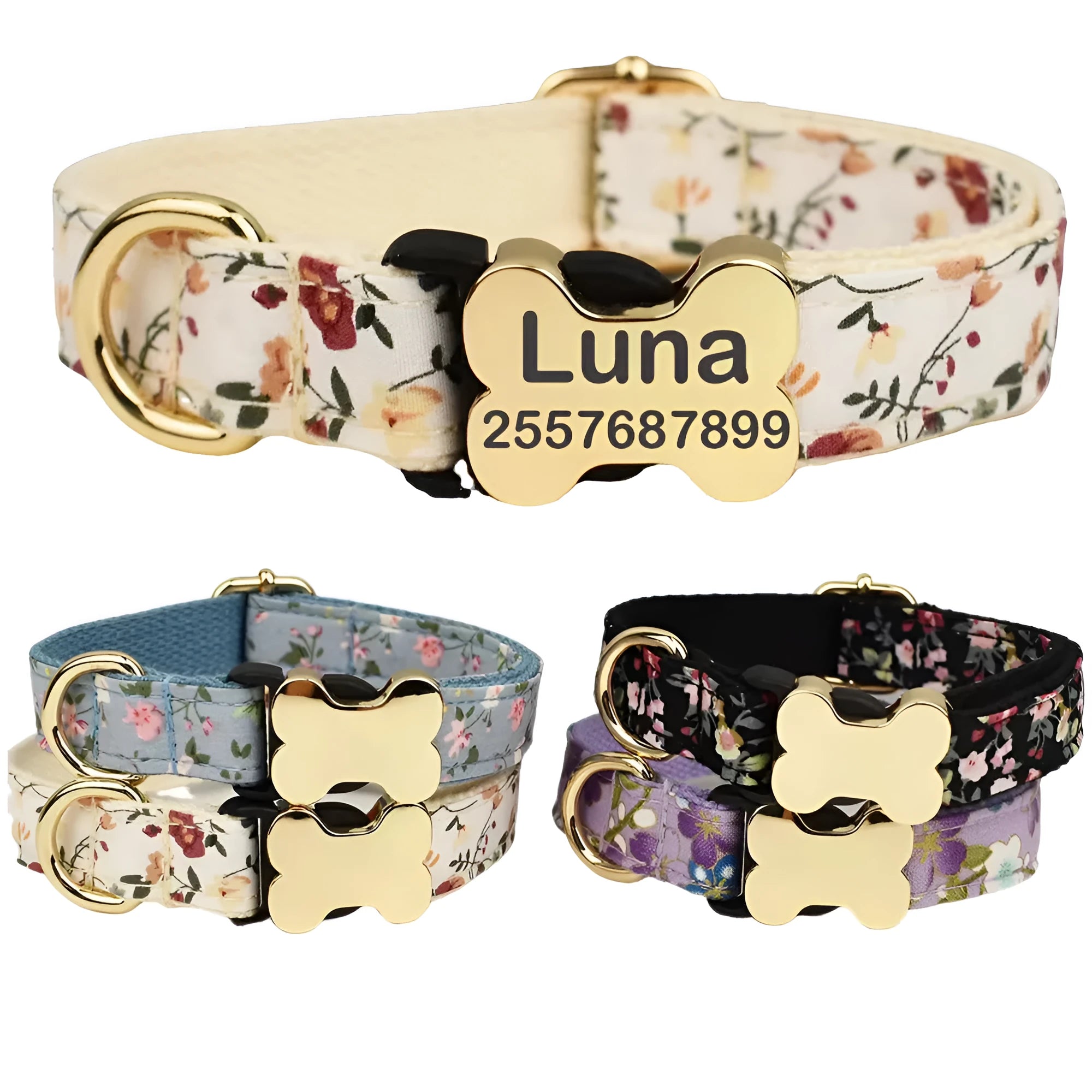 Nylon dog collar with printed grid pattern and bone-shaped buckle fastener
