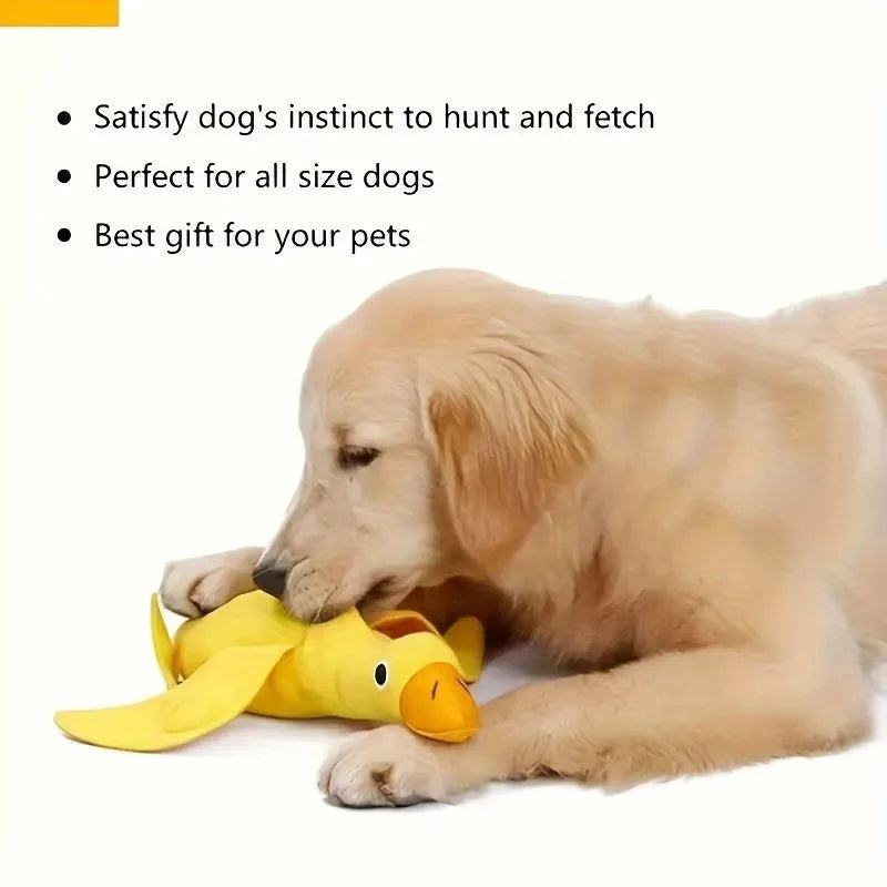Yellow teddy fabric duck-shaped dog toy with squeaker and hidden food compartment