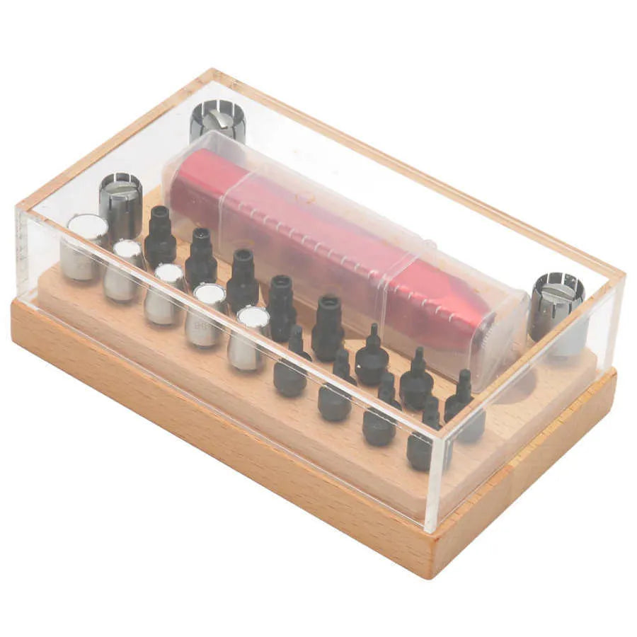 Steel watch repair tool kit with extracting tubes and barrel-opening tools measuring 128x79x43mm