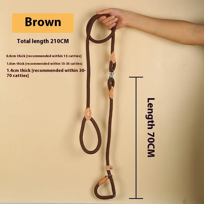 Brown nylon dog leash with chain section and rope handle, 2.1 metres long