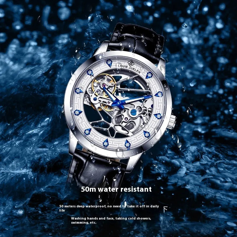 Men's silver mechanical watch with white dial, blue hands, black leather strap and butterfly buckle