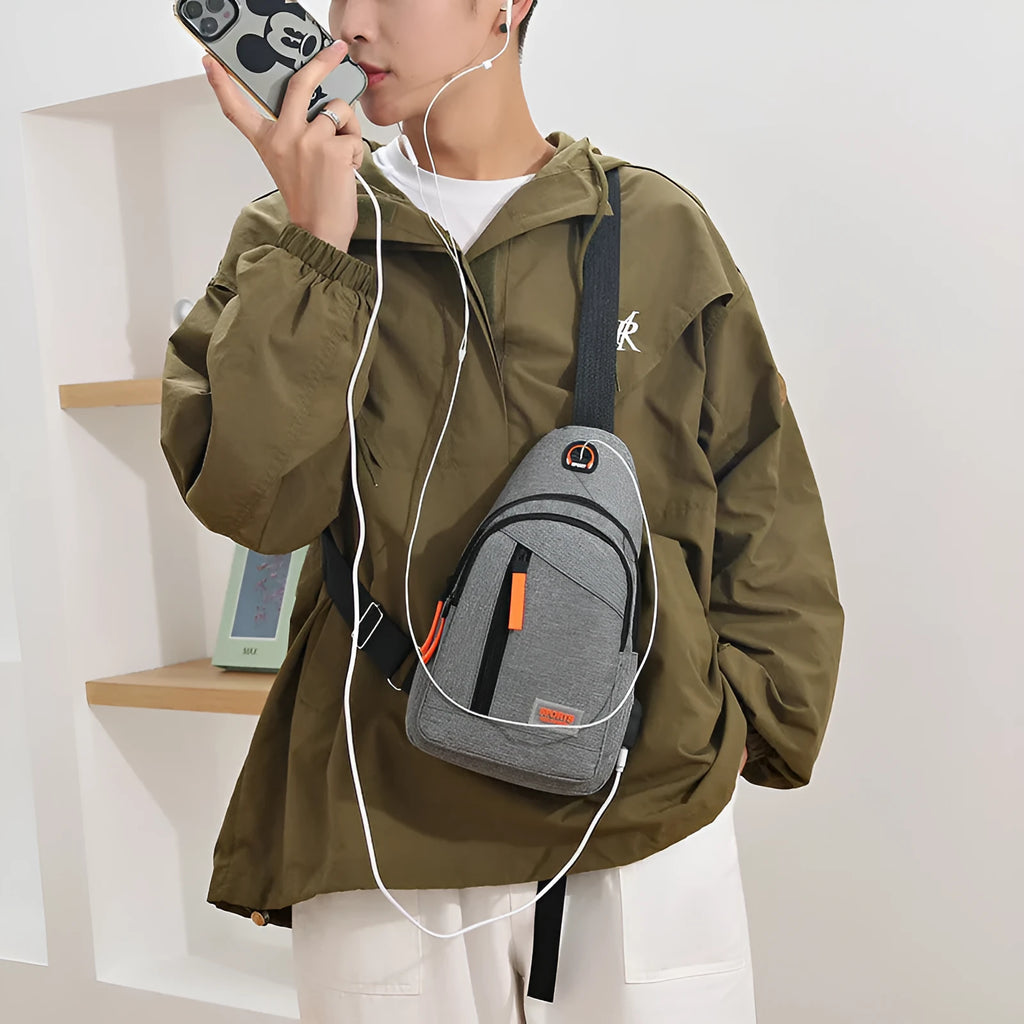 Outdoor sports riding chest bag in double black made from Oxford cloth with sewing thread detail